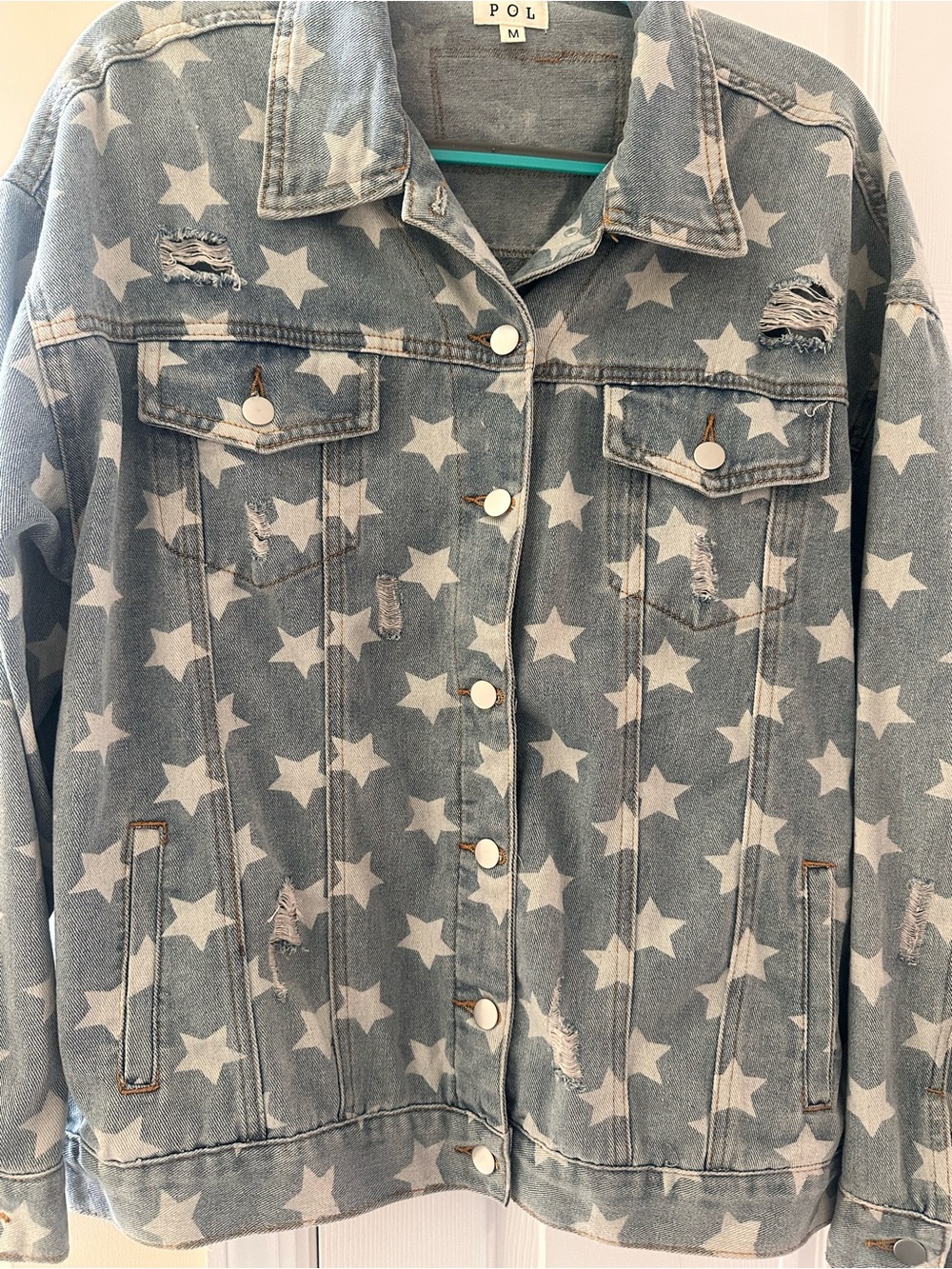 POL Light Wash Denim Jacket with White Star Print - Picture 4 of 10